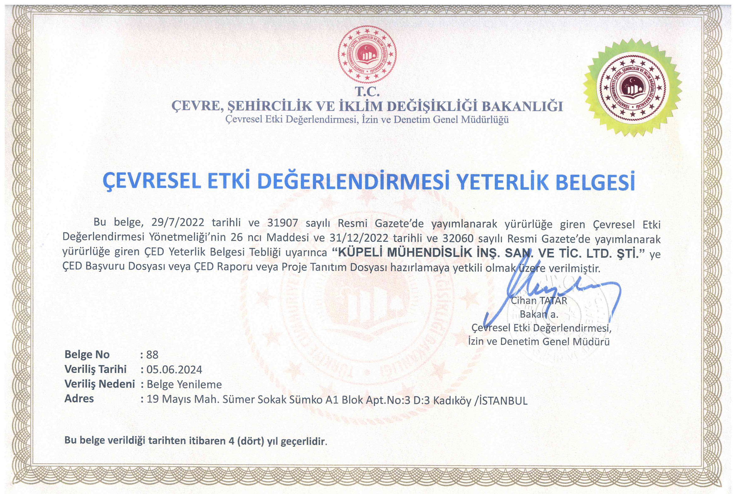 ÇED Yeterlik Belgesi